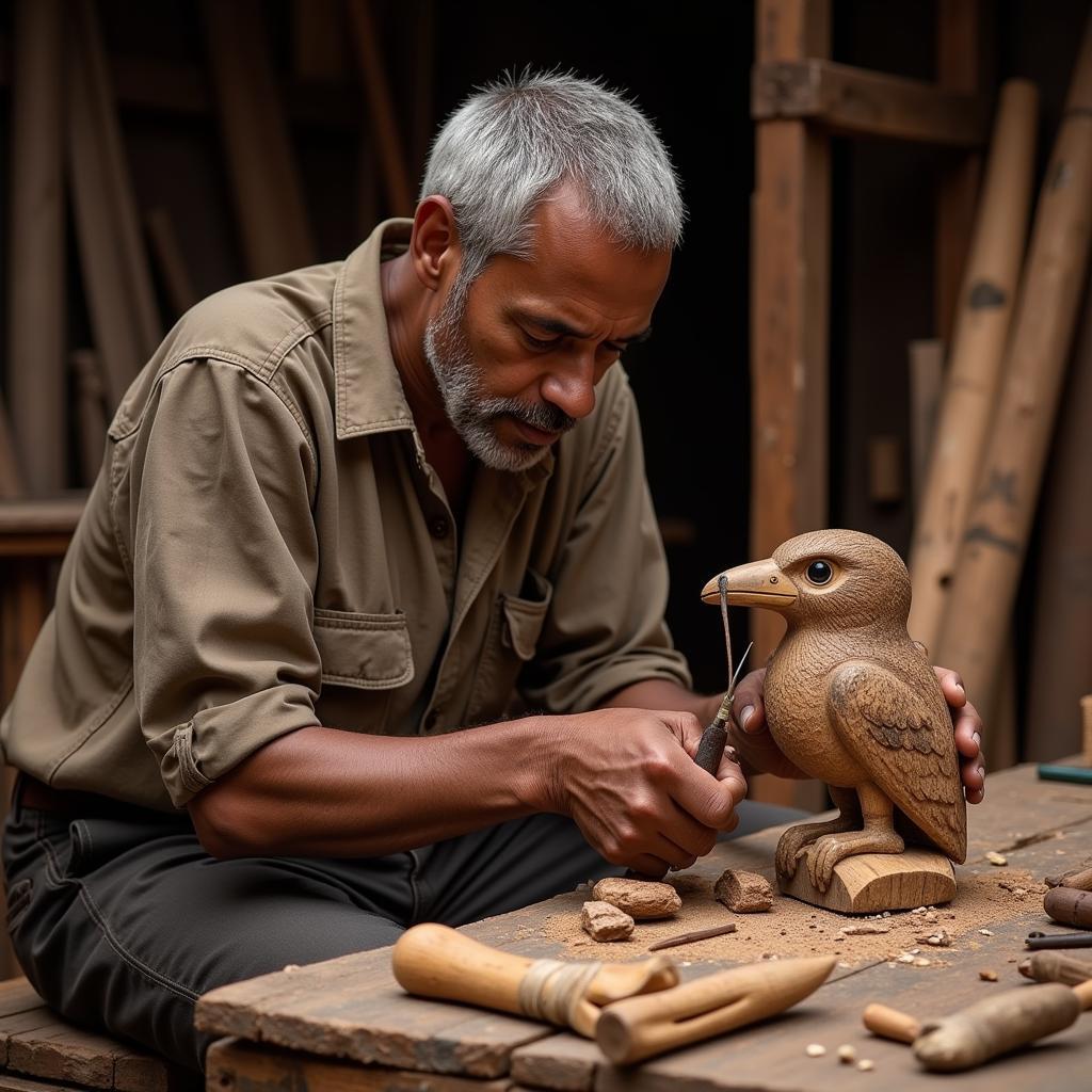 An artisan carving an African bird mask