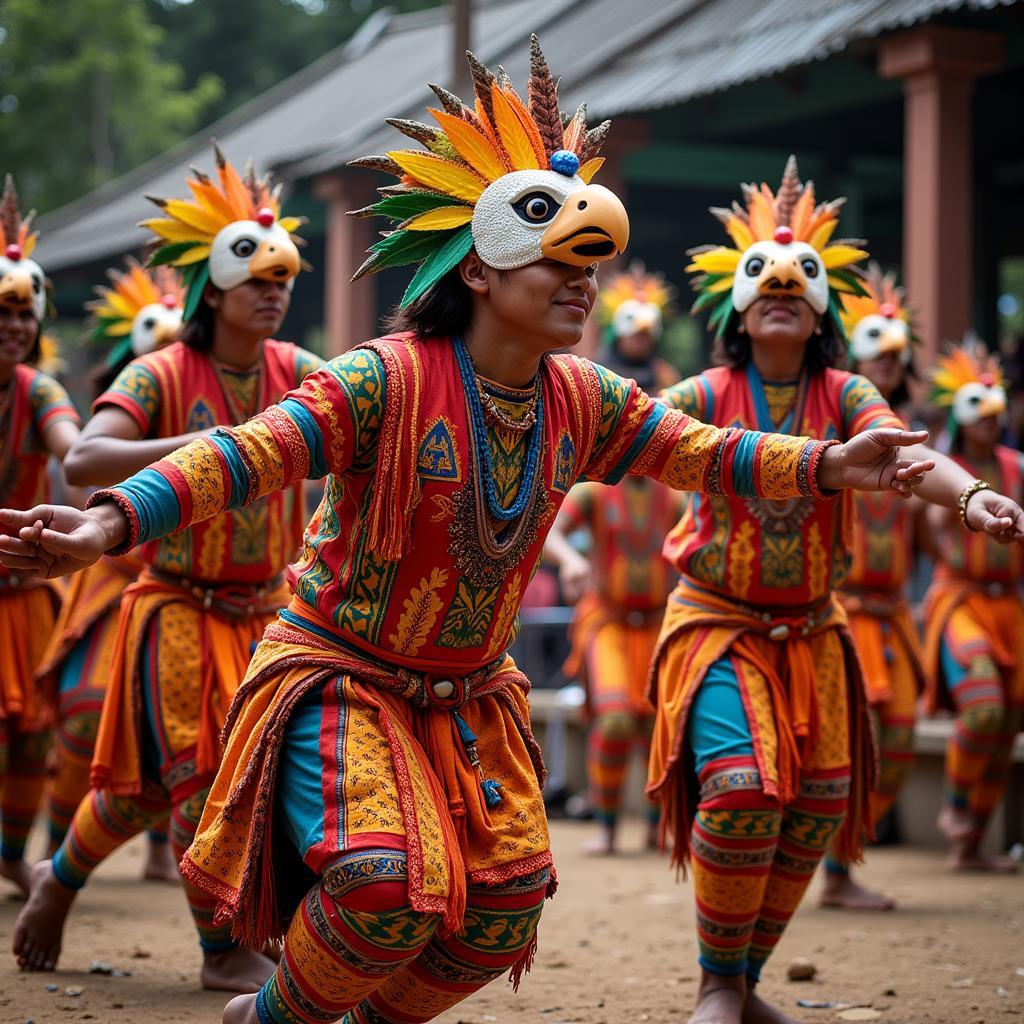 Dancers wearing African bird masks in a ceremonial performance