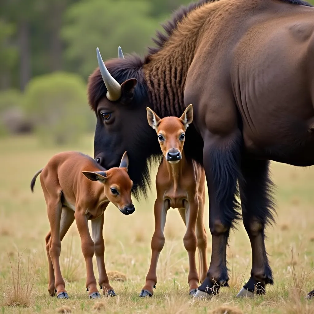 African Bison Calf with Mother