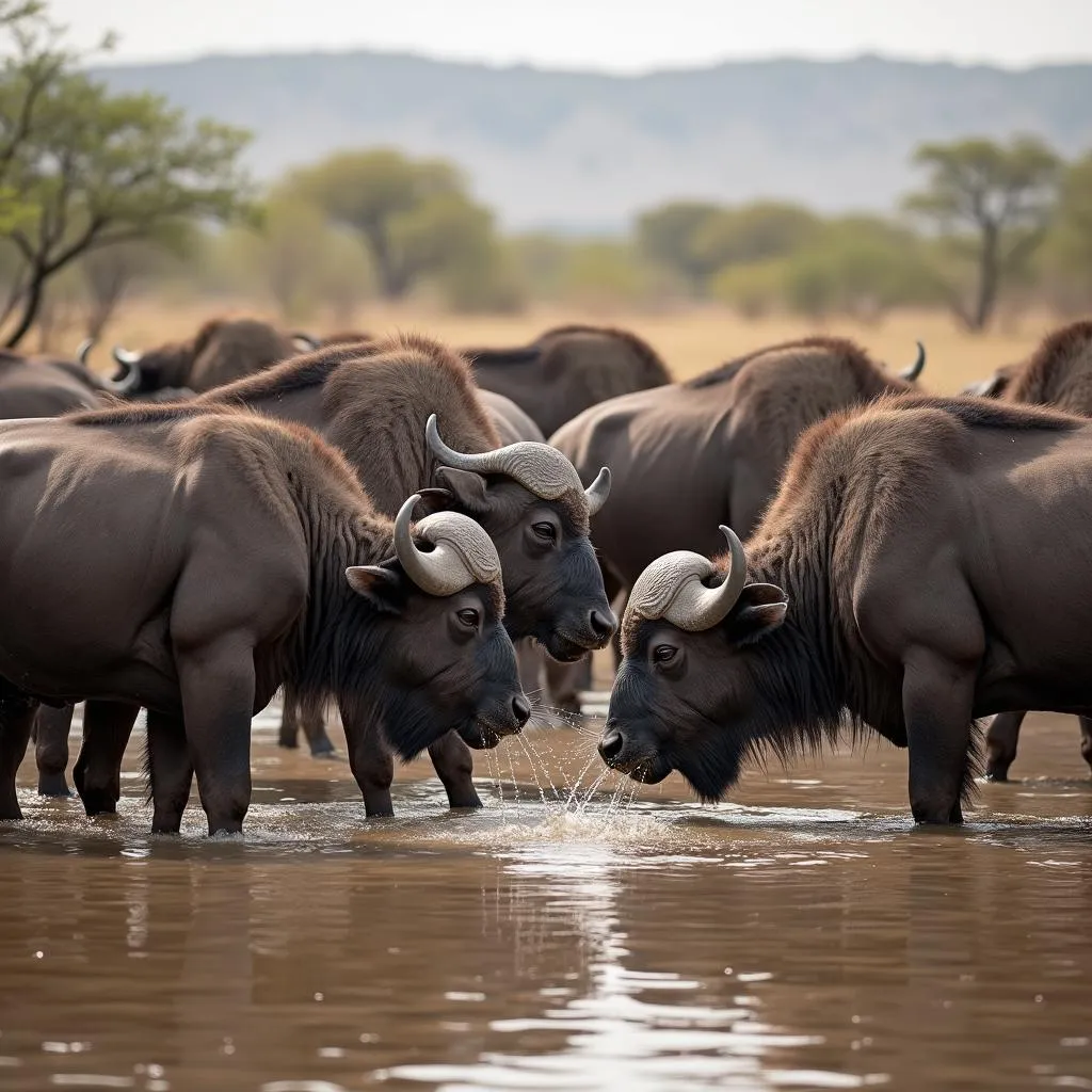 A Herd of African Bison Gather at a Waterhole