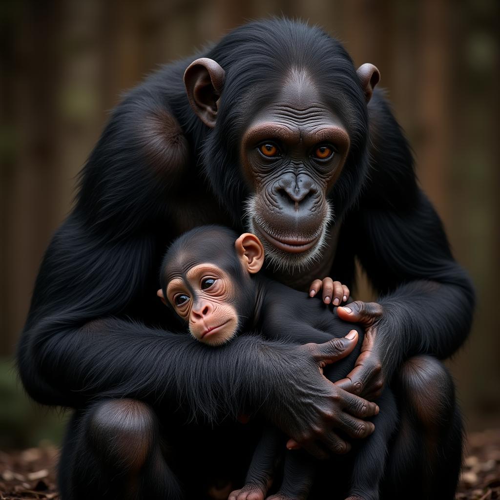 Protective Chimpanzee Mother and Infant