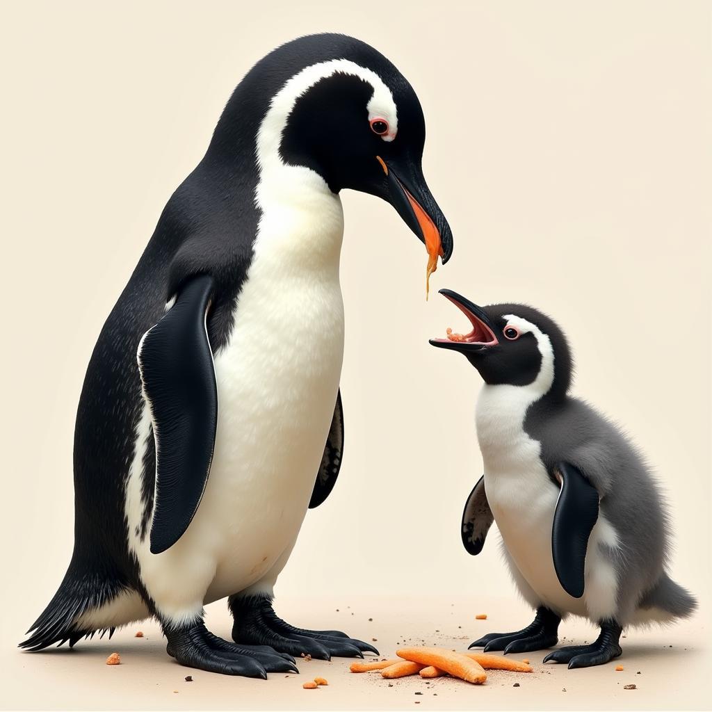 African black footed penguin chick being fed by parent