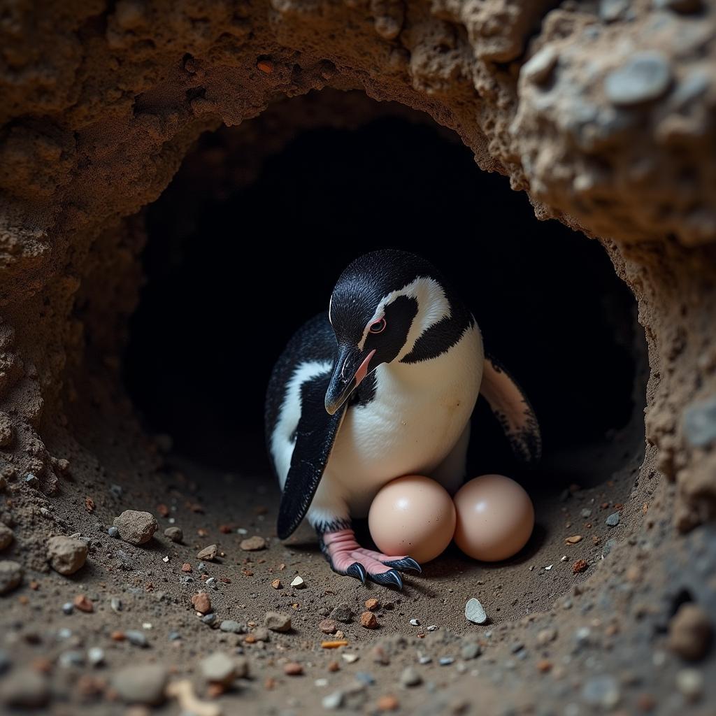 African black footed penguin carefully incubating eggs in burrow