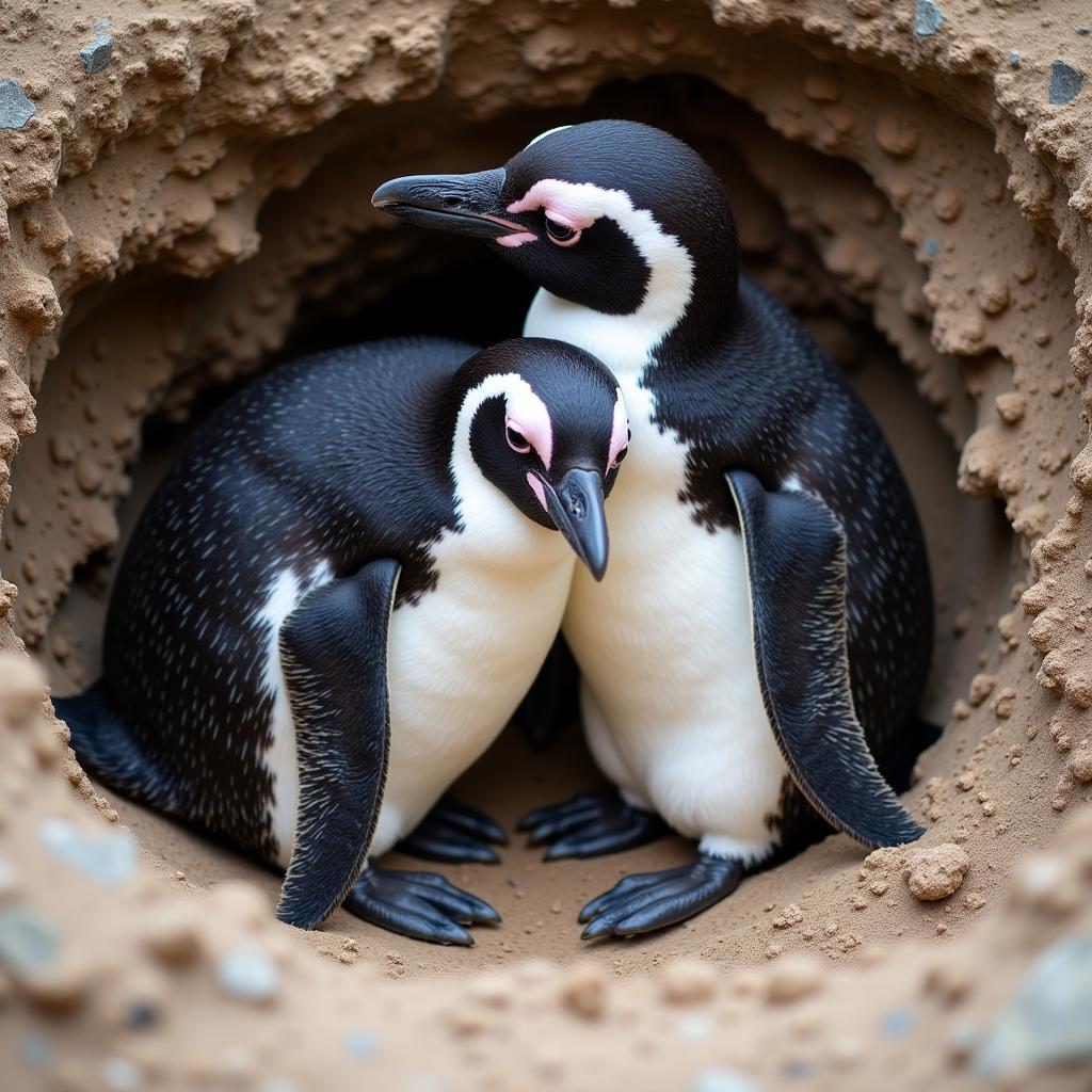 African black footed penguin pair nesting on sandy beach