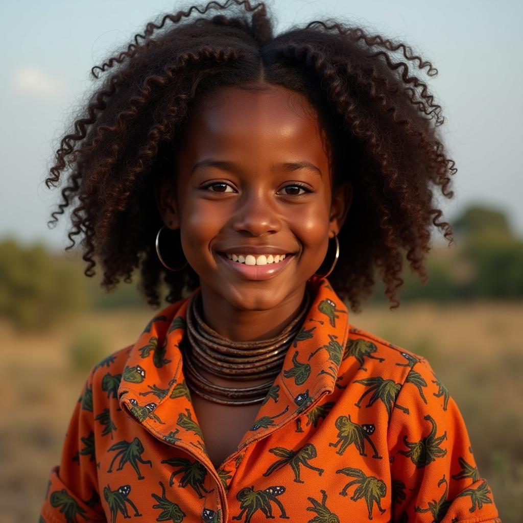 A portrait of a young African black girl smiling confidently, showcasing her strength and beauty.