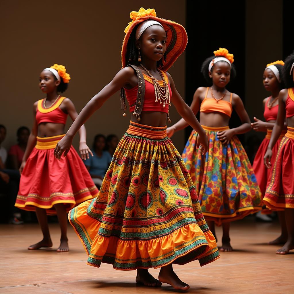 A group of African black girls performing a traditional dance, dressed in vibrant cultural attire.