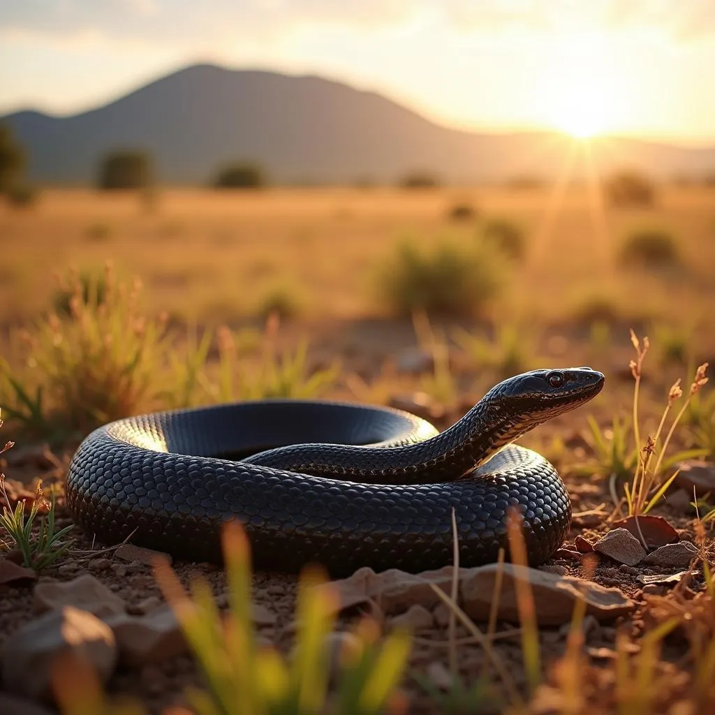 African Black Mamba Sunbathing in the Savanna