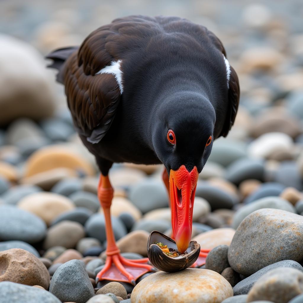 African black oystercatcher feeding on a mussel