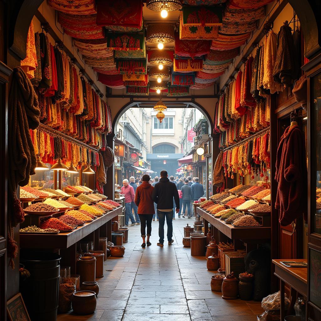 A bustling African black shop interior filled with colorful textiles and crafts