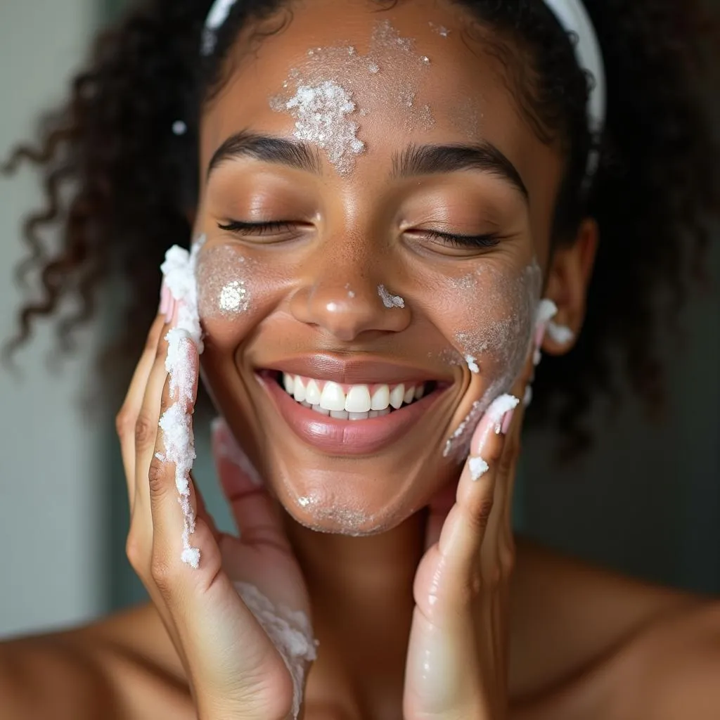 Woman using African black soap on her face