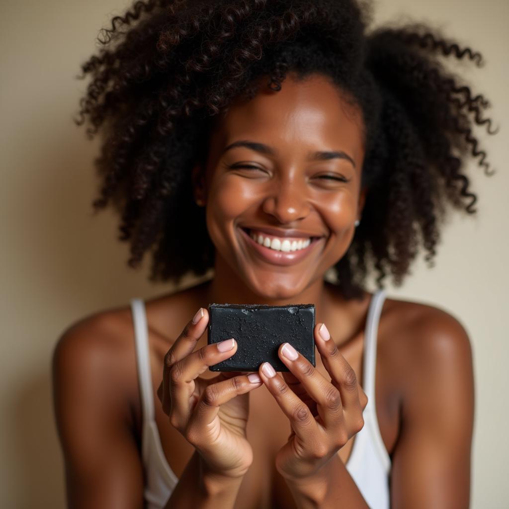 Woman with glowing skin holding African black soap