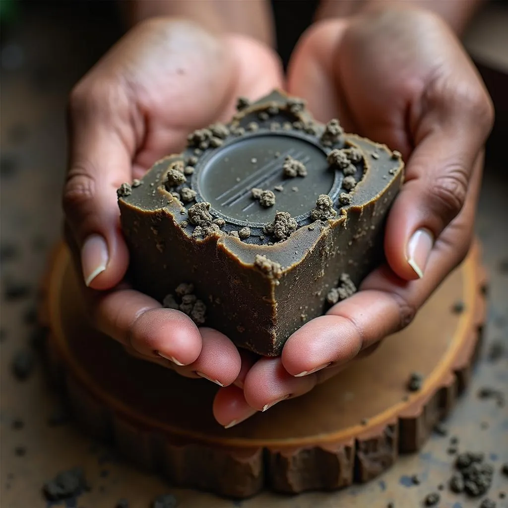 Close-up of African black soap lather