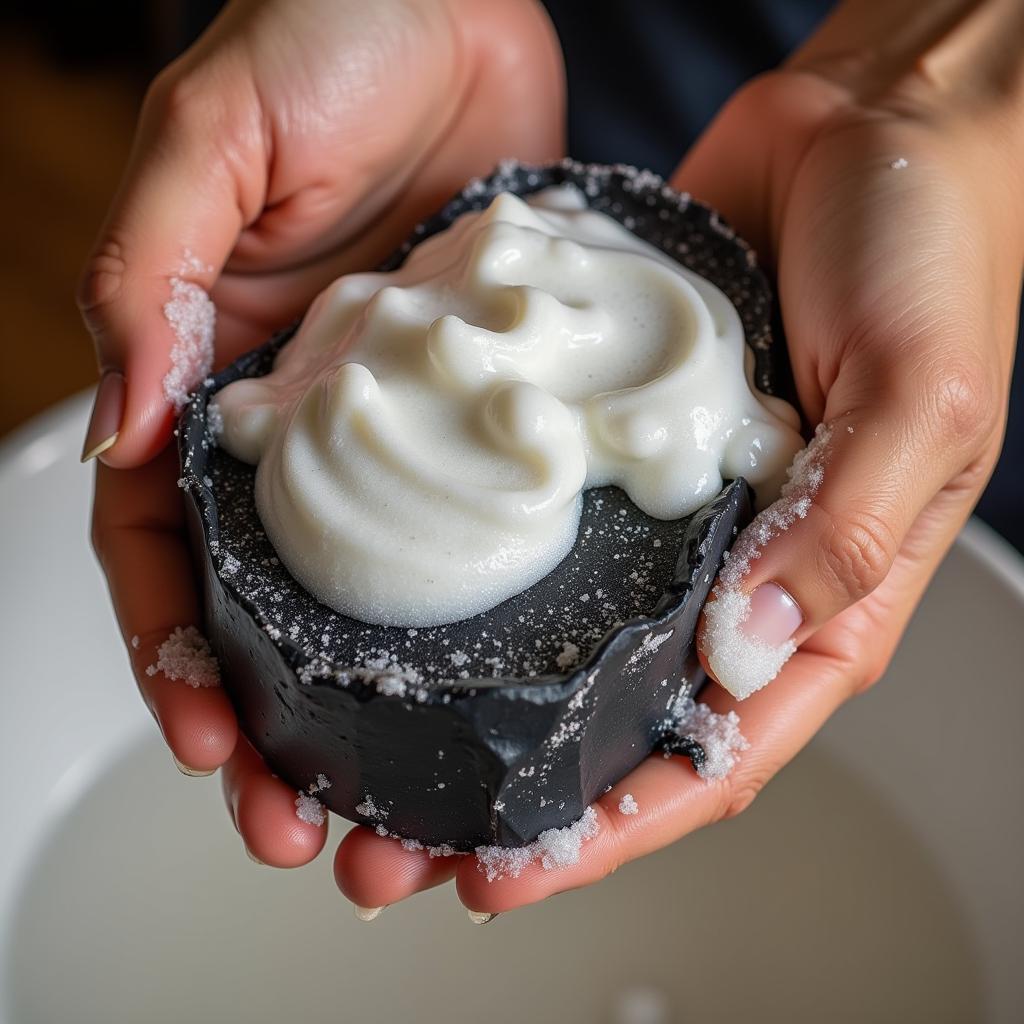 Lathering African black soap in hands