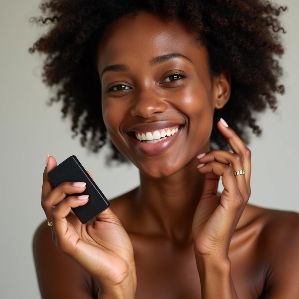 Woman with glowing skin holding African black soap