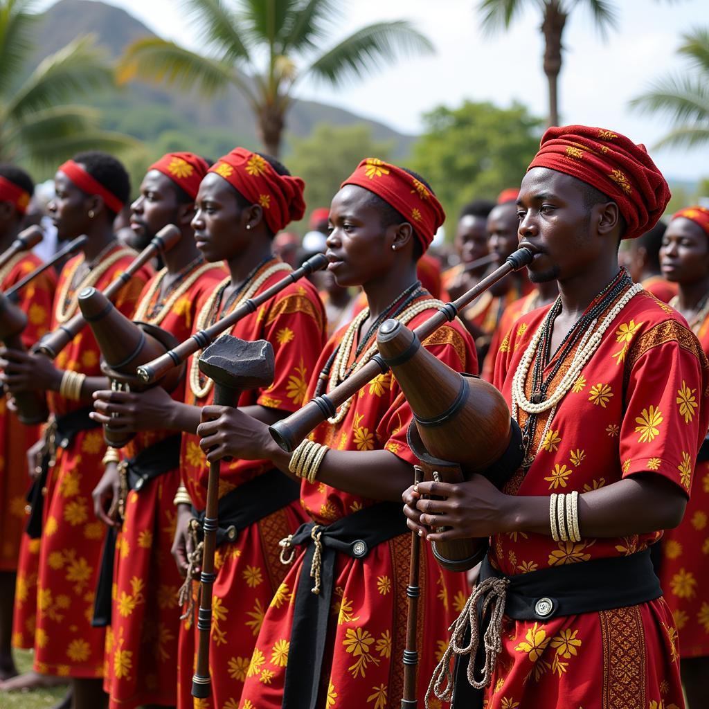 Group of Musicians Playing Traditional Bagpipes at a Cultural Event