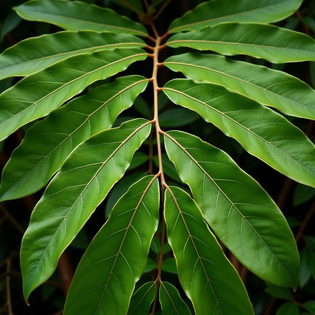 Close-up view of African blackwood tree leaves showing details of leaflets and rachis