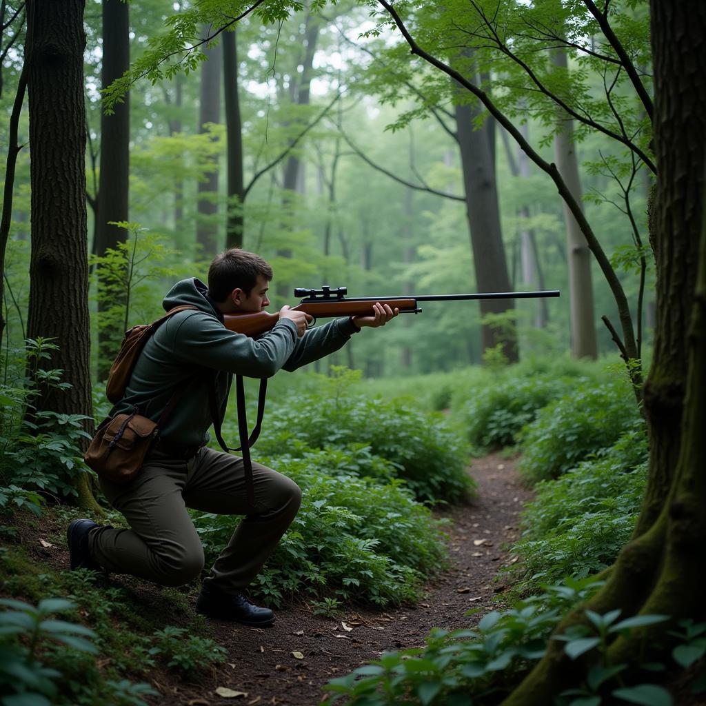 Skilled hunter aiming a blowgun in a forest setting