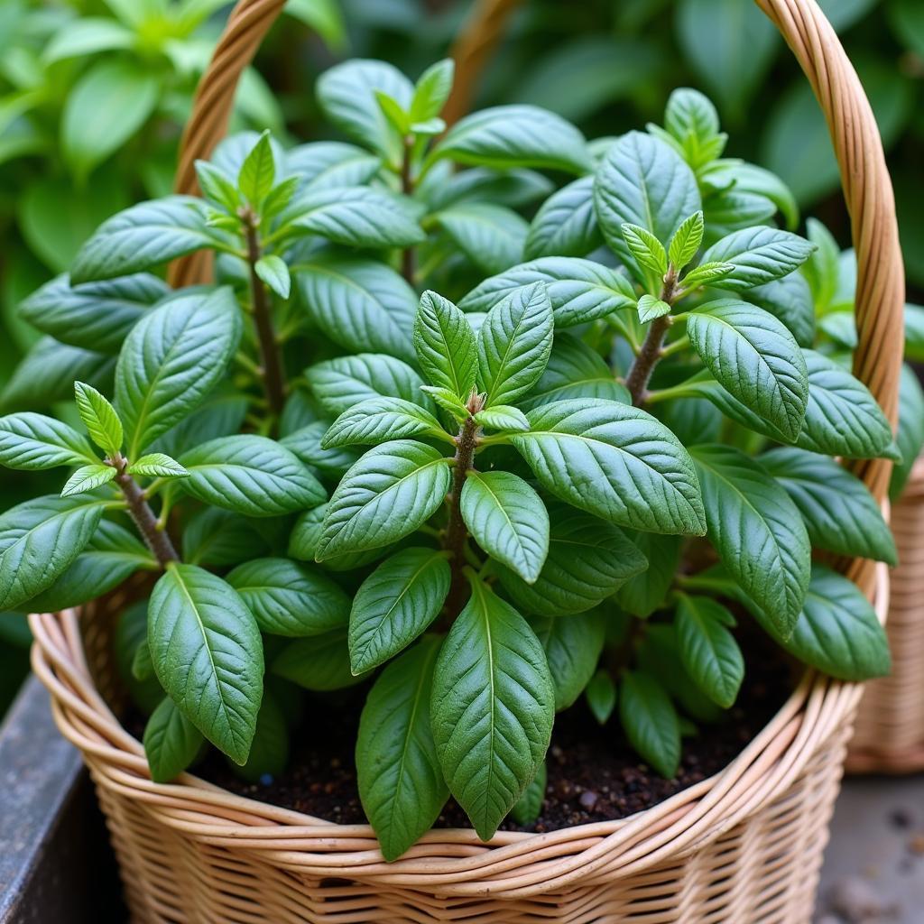 Freshly harvested African blue basil leaves in a woven basket