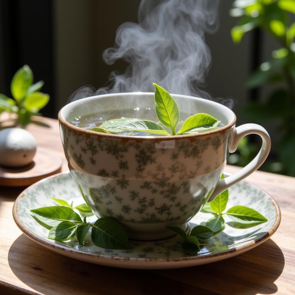 A steaming cup of African blue basil tea with fresh leaves