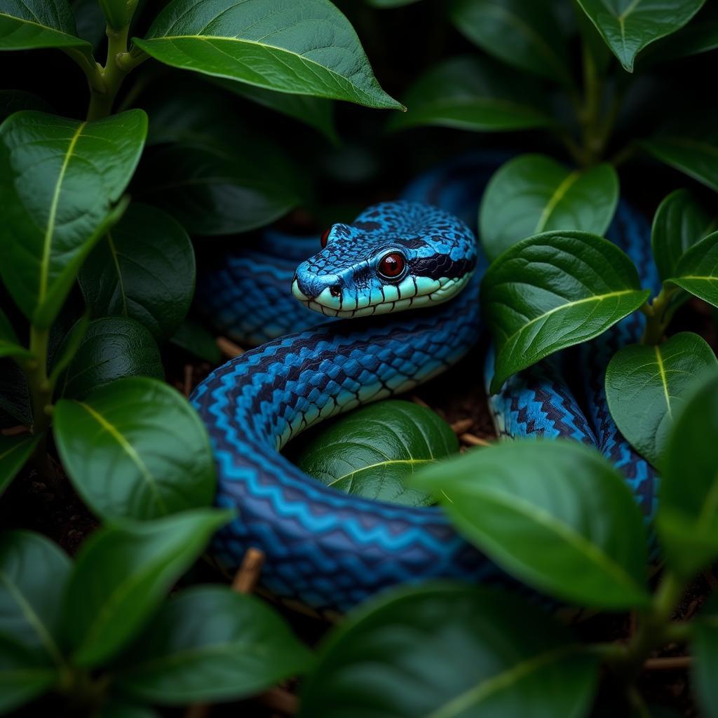 African blue viper blending in with leaves