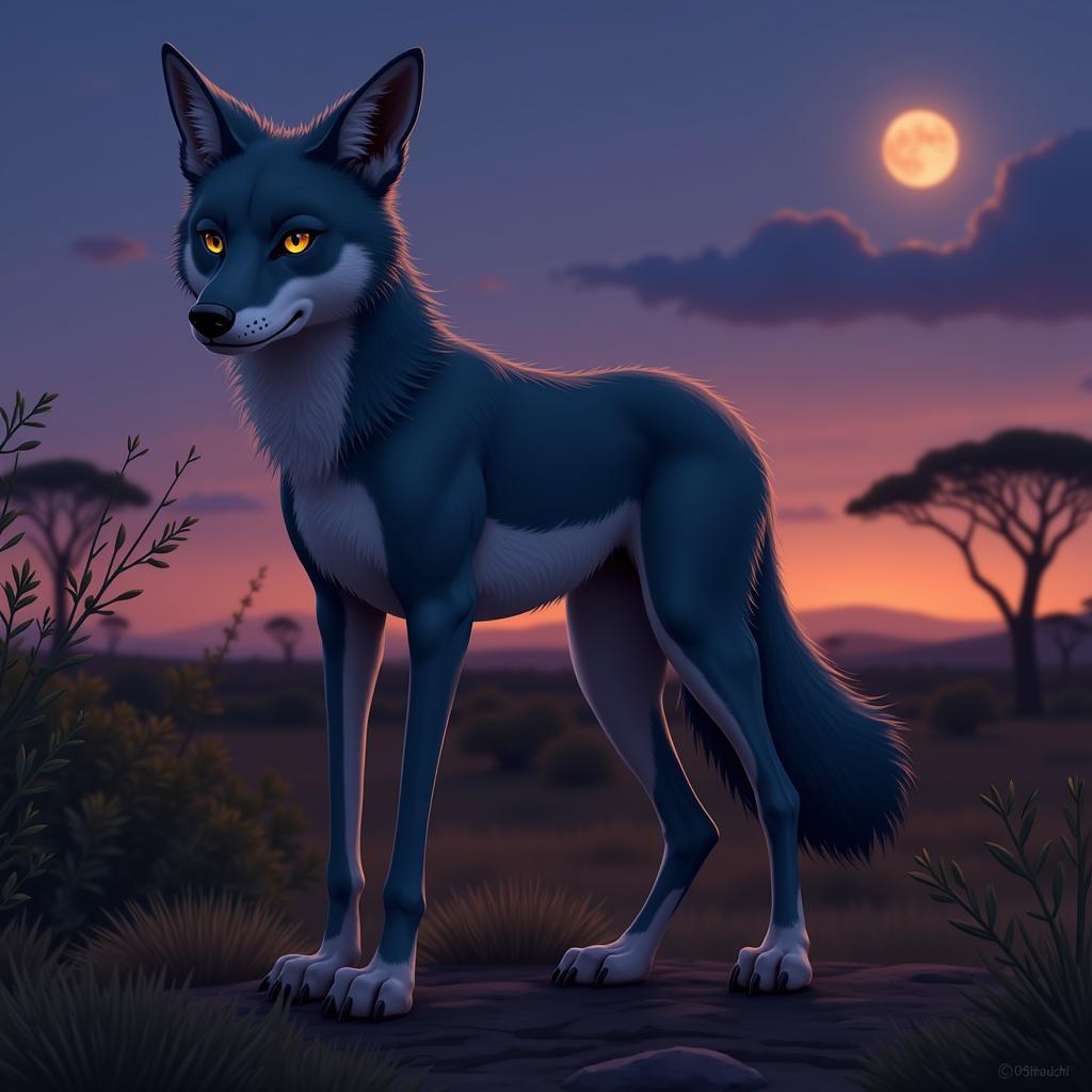 An artist's illustration of the African blue wolf, depicting its characteristic blue-grey coat and piercing yellow eyes.