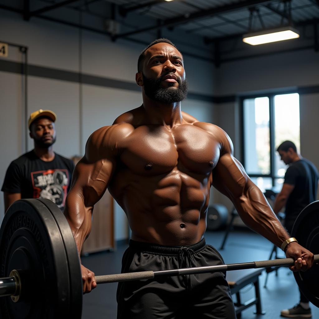 African bodybuilder lifting heavy weights with spotter in the gym