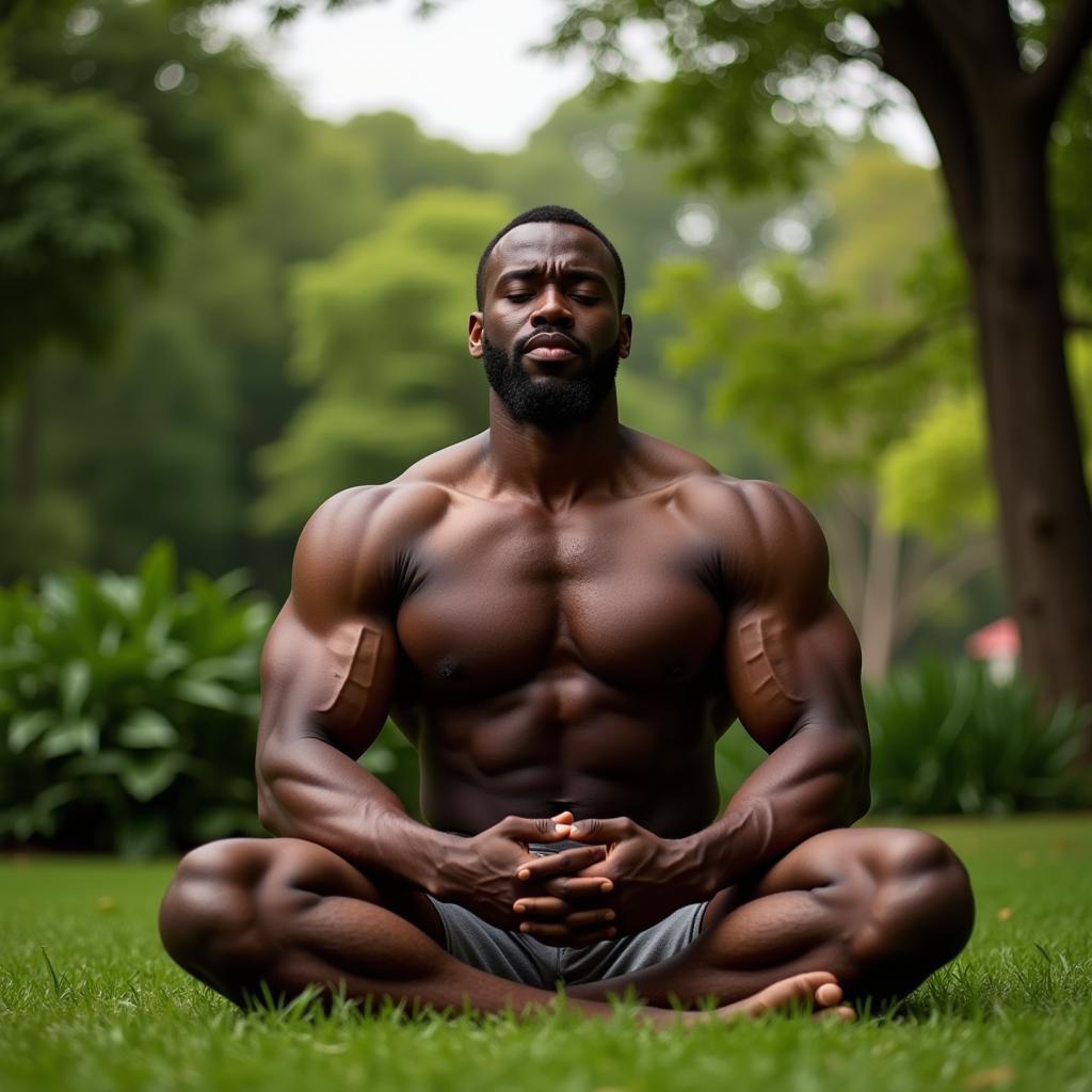 African bodybuilder practicing mindfulness and meditation outdoors