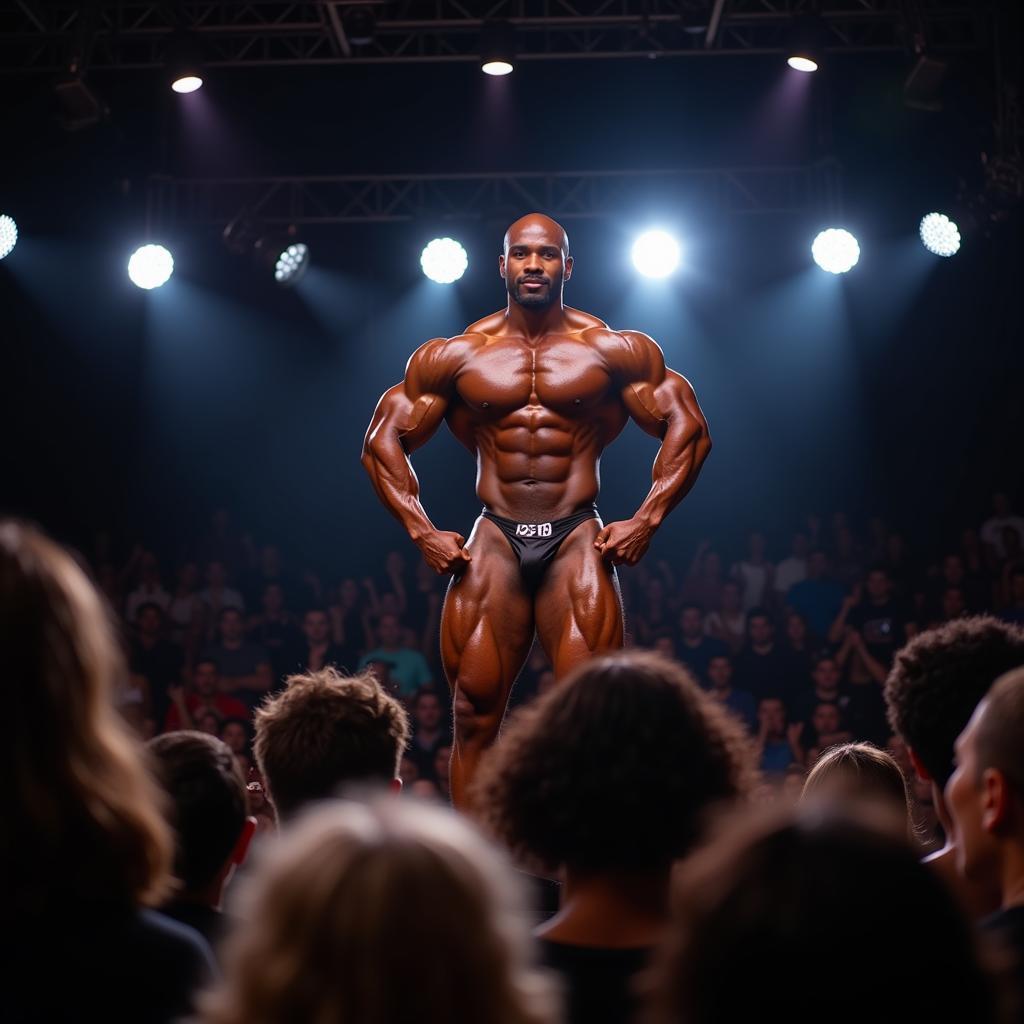 African bodybuilder showcasing physique on stage