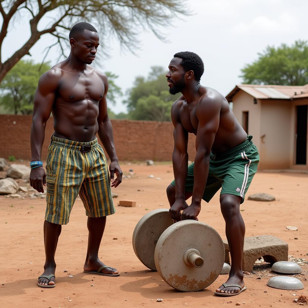 African Bodybuilders Training with Improvised Weights