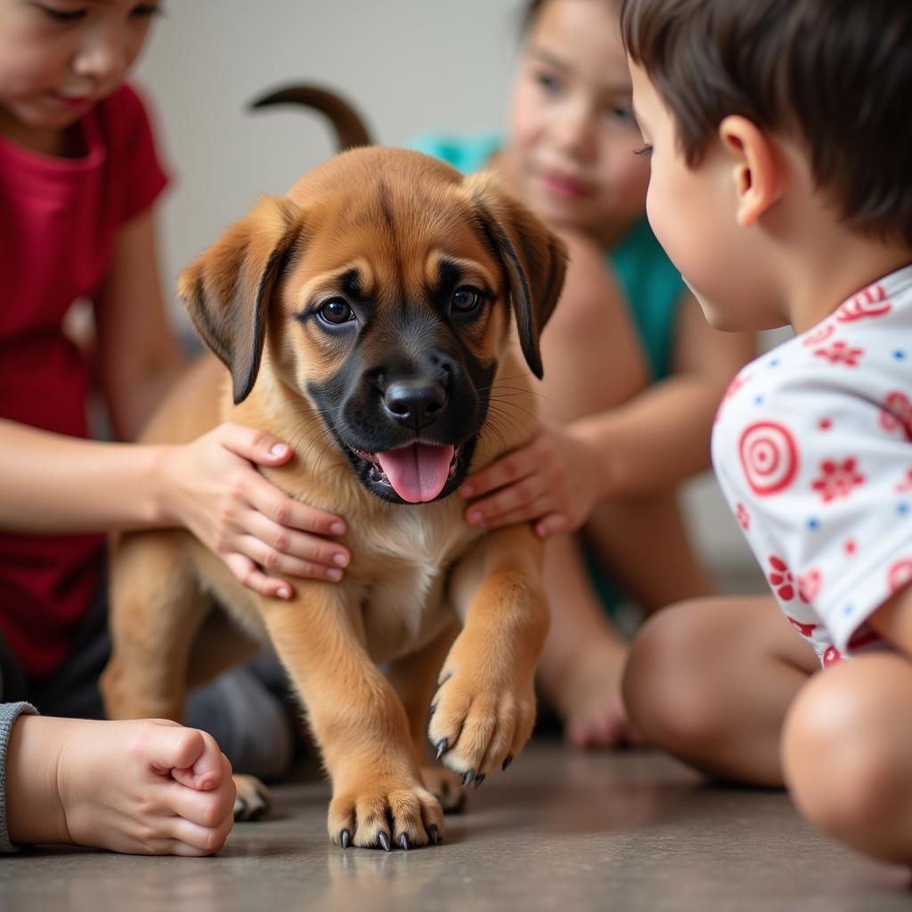 African Boerboel puppy playfully interacting with children