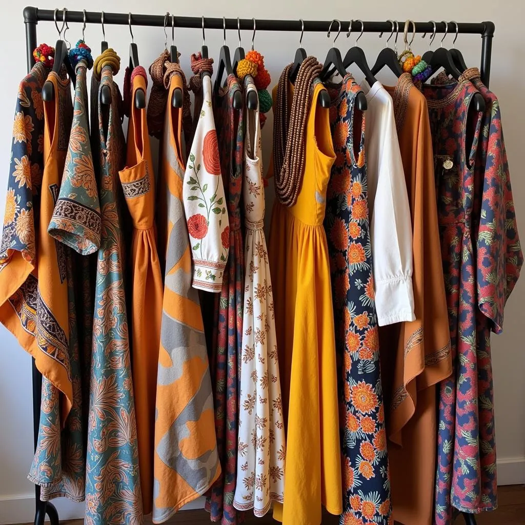 A clothing rack filled with colorful African bohemian dresses and accessories.