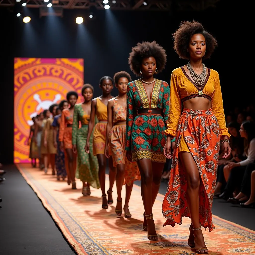 Models showcasing a diverse range of African bohemian clothing on a runway.