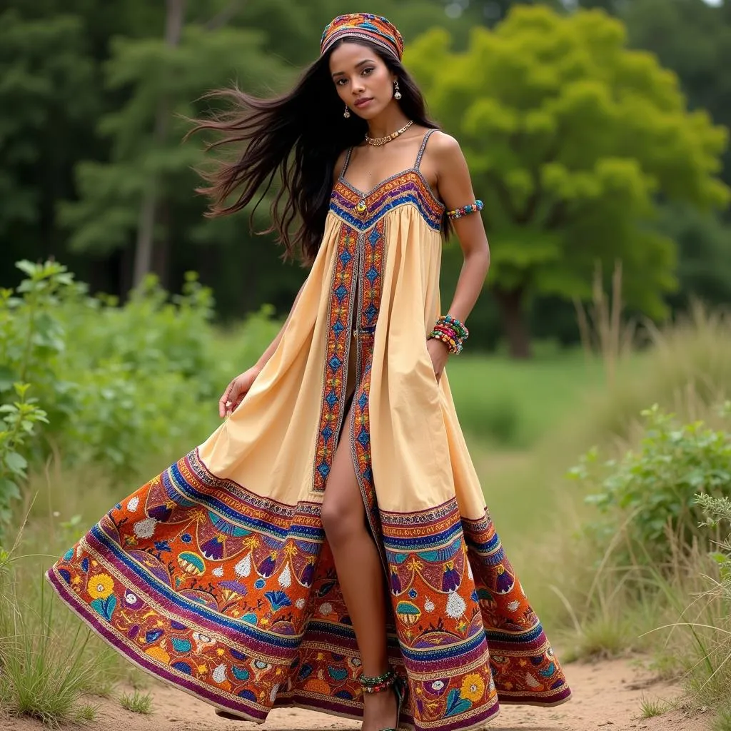 African woman wearing a vibrant bohemian dress with intricate embroidery.