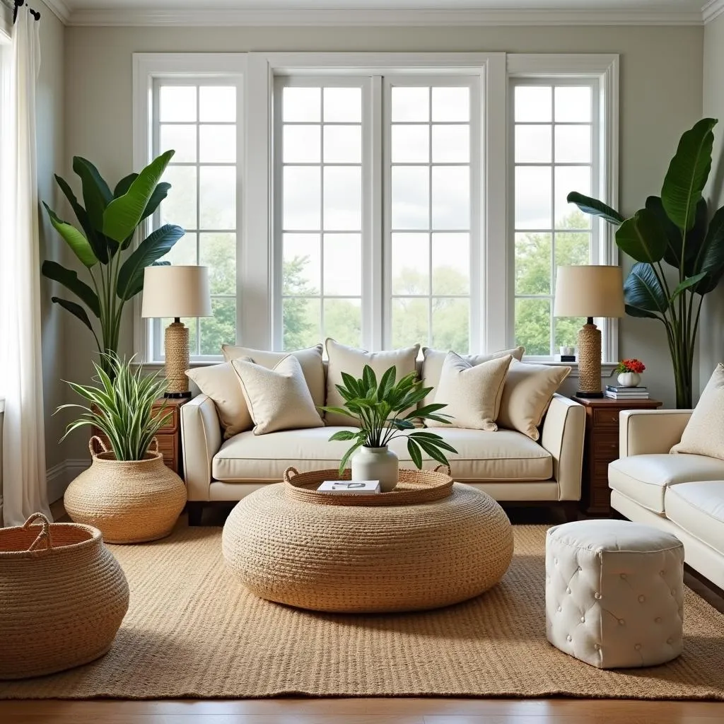 Various sizes of Bolga baskets used as decorative items in a home setting.