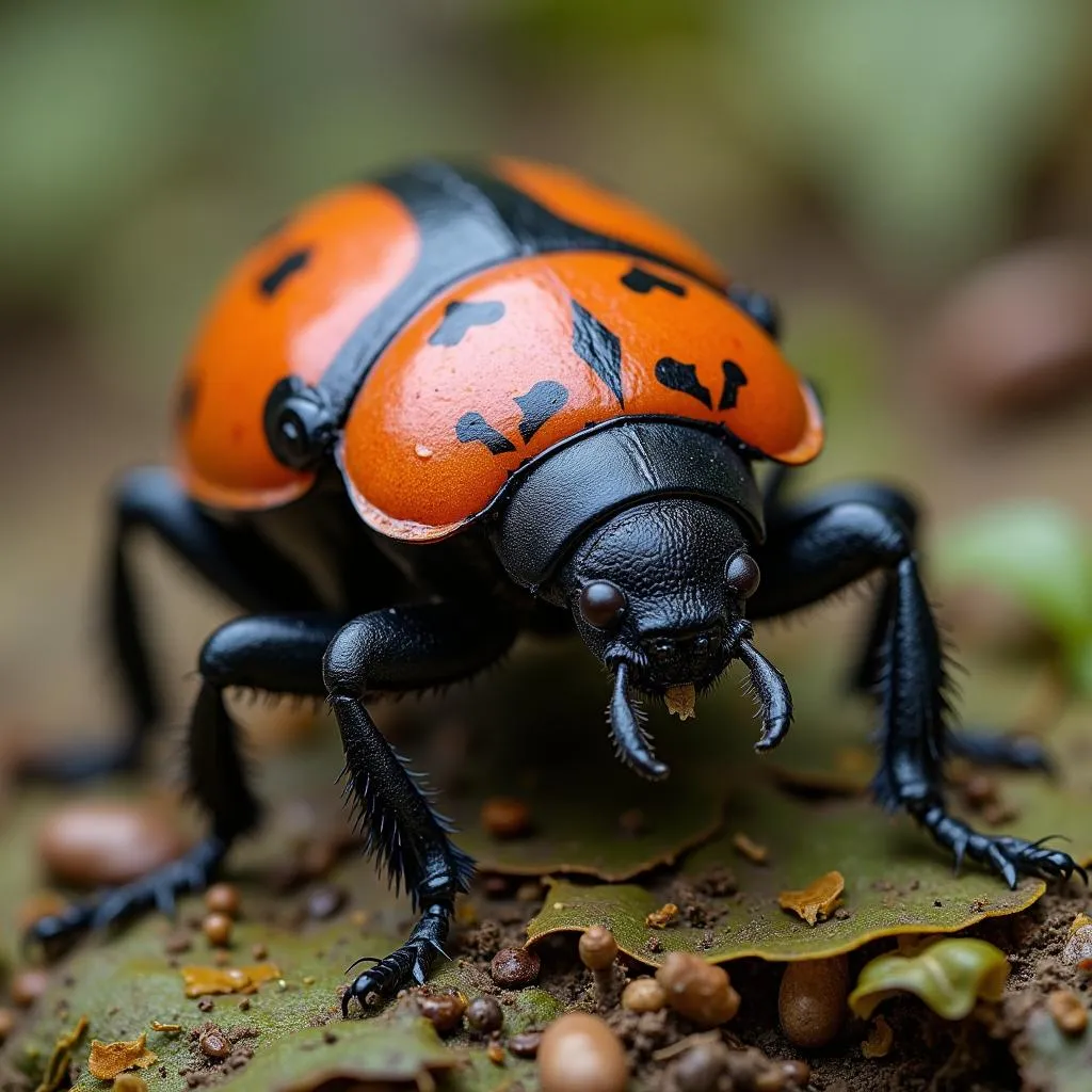 African bombardier beetle camouflaged on forest floor