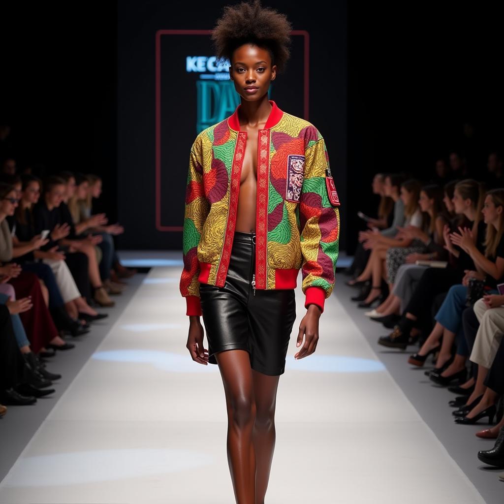 Model on Runway Showcasing African Bomber Jacket