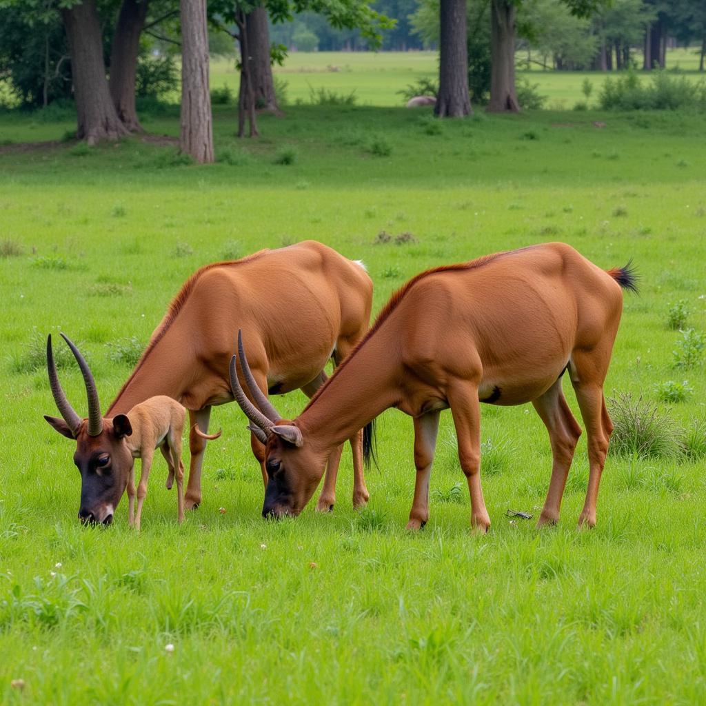 African bongo grazing peacefully in a protected area