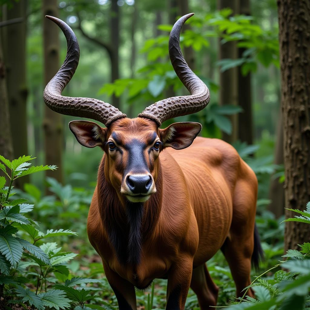 African bongo standing in dense rainforest