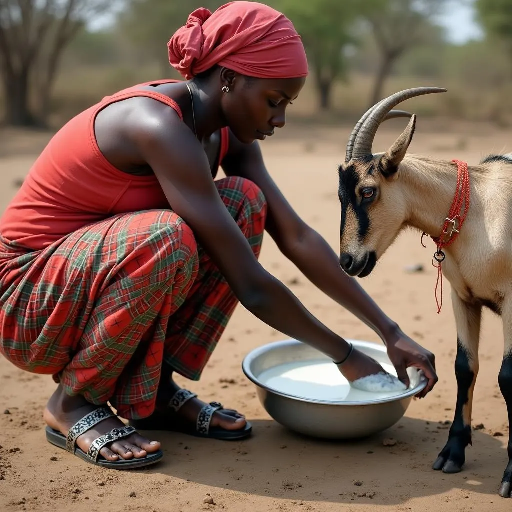 Woman Milking an African Bore Goat