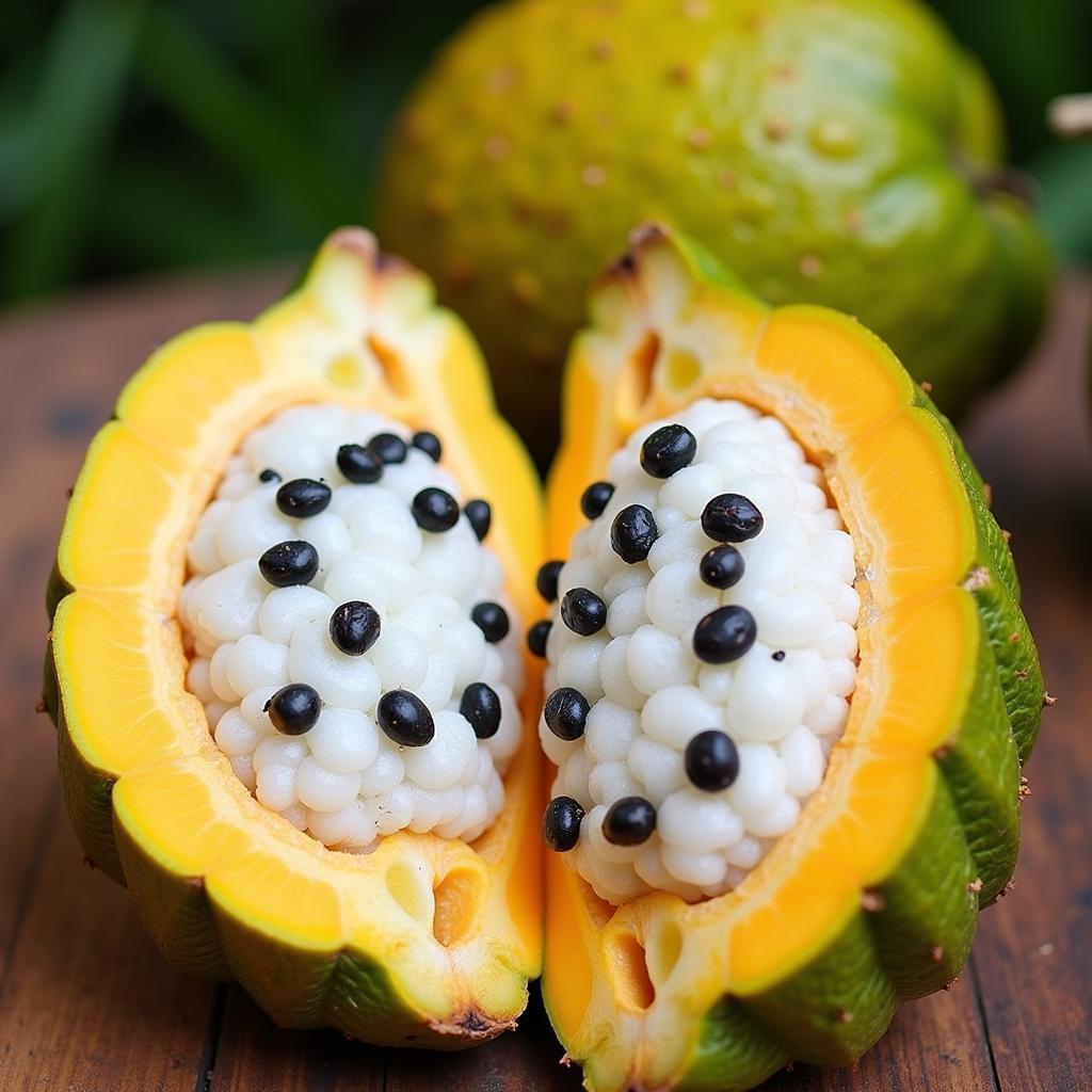 An open African bottle tree fruit, revealing its white, powdery pulp