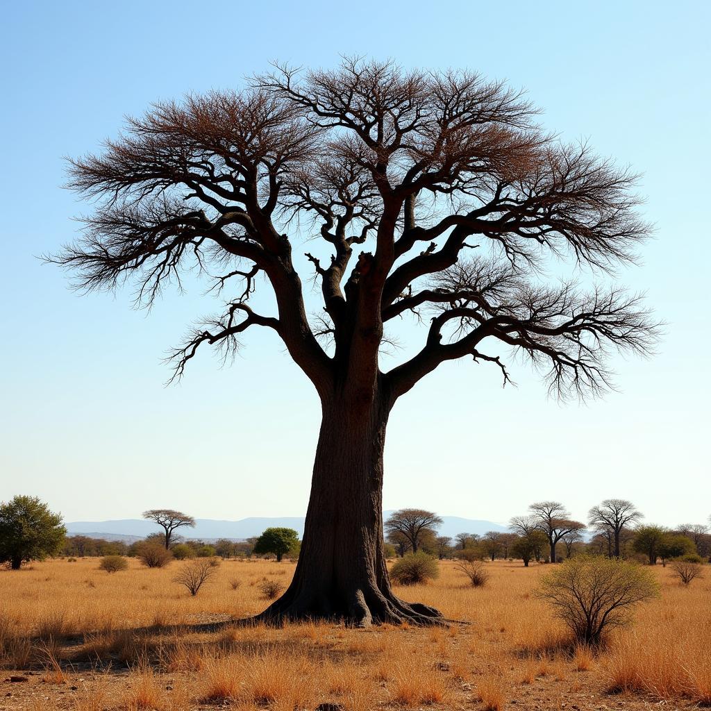 An African bottle tree standing tall in the savanna landscape