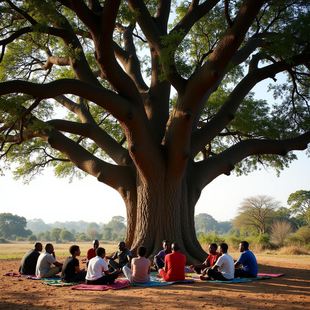 An African village gathering place shaded by a massive bottle tree