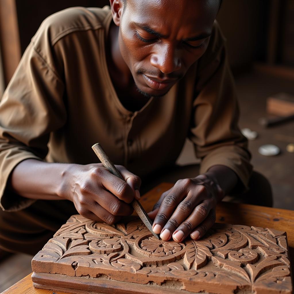 Skilled Artisan Carving Intricate Designs into African Boxwood