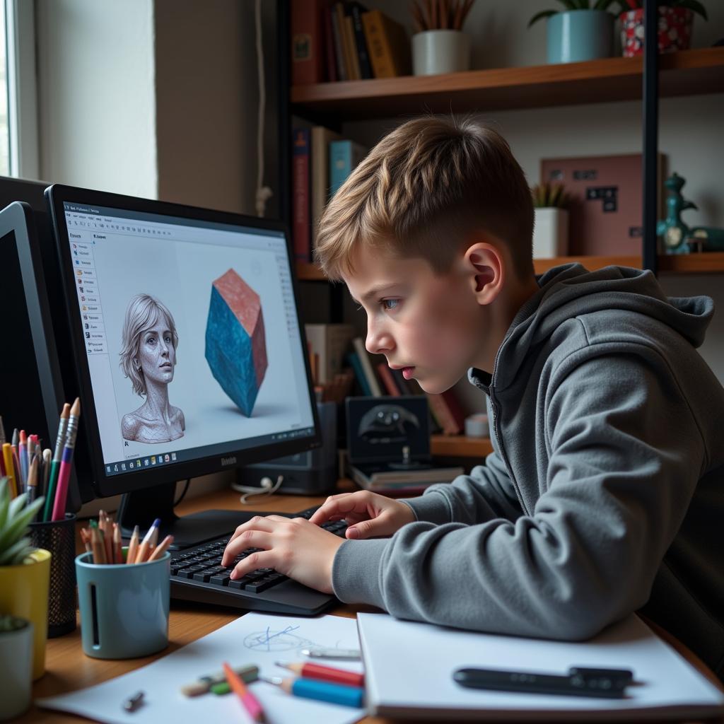 Young African boy creating a 3D model on his computer