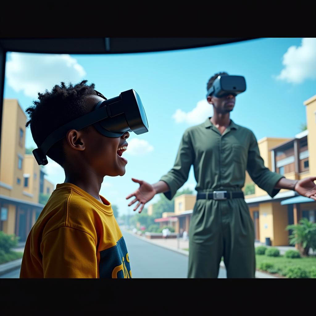 An African boy interacting with a 3D model of himself in a virtual reality setting