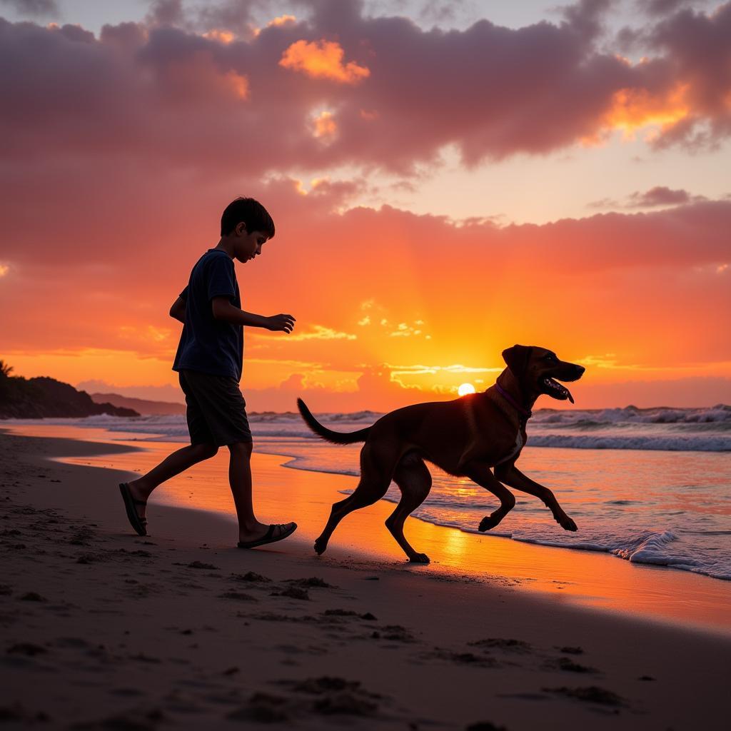 African boy and dog dancing freely on a beautiful beach