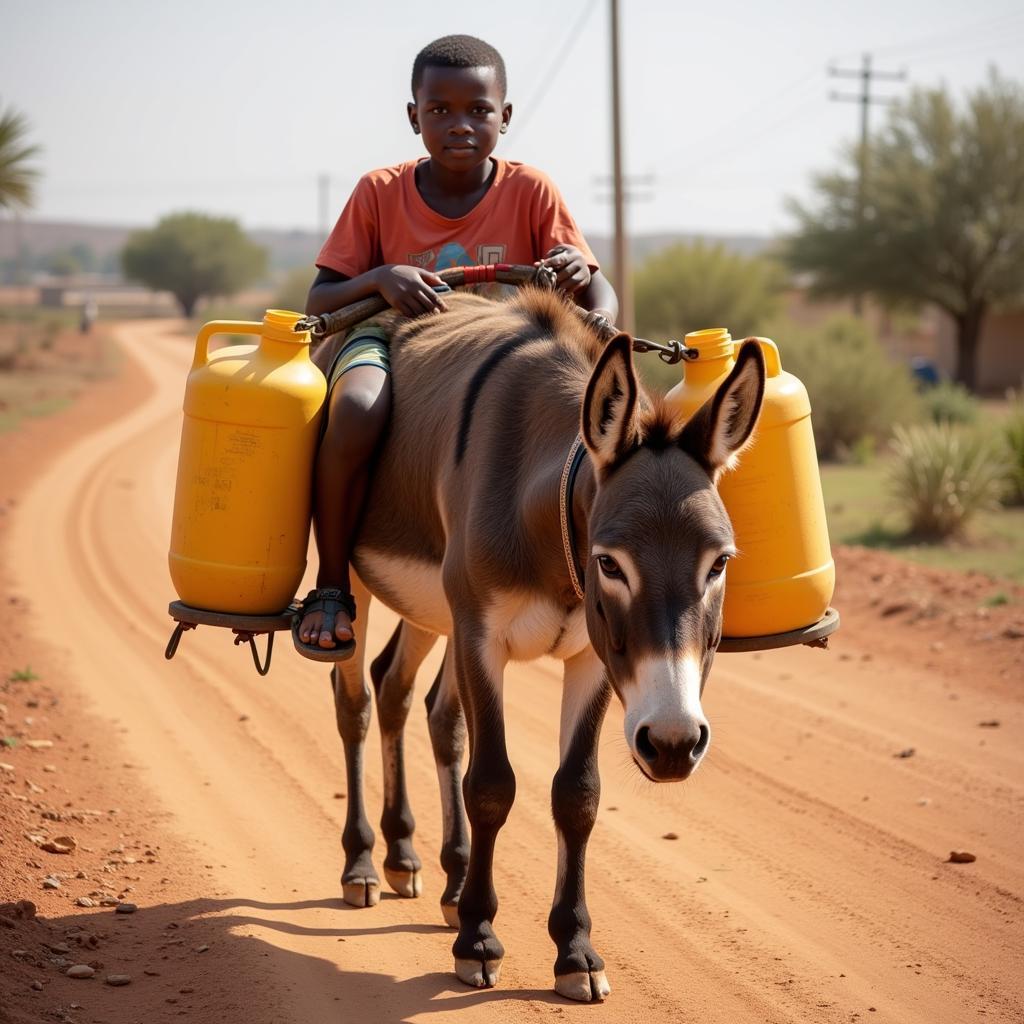 African Boy and Donkey Carrying Water