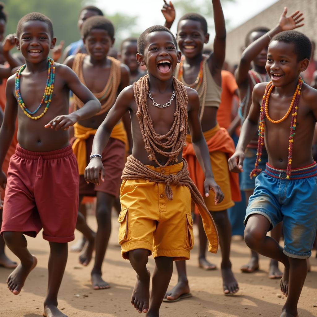 A group of African boys dancing together in celebration