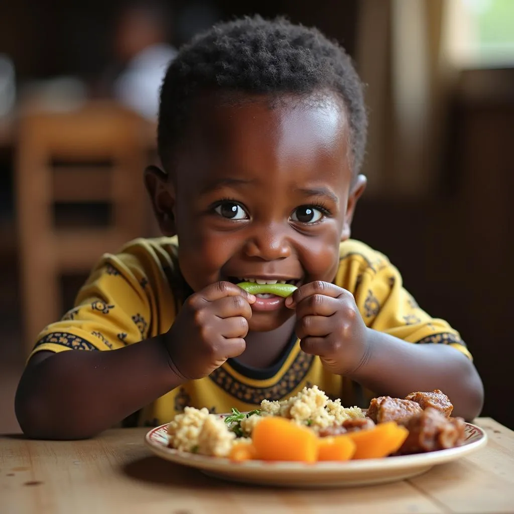 African boy with a funny expression while eating food