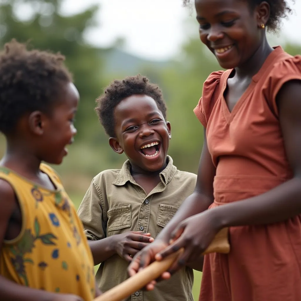 African boy assisting his parents with a funny expression